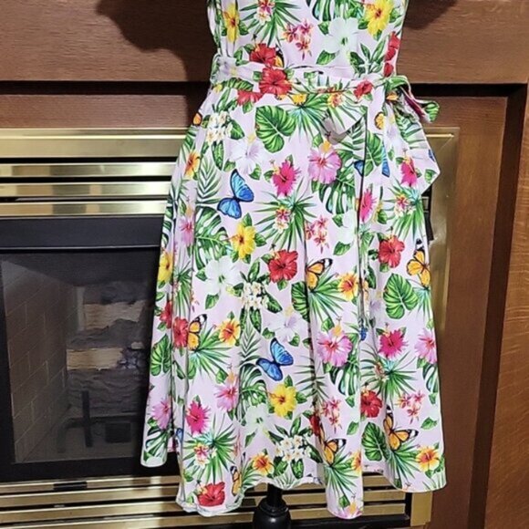 Lady Vintage Dress Butterfly Monstera Leaf Flower Print Cotton Sash Belt Size Sm - Picture 7 of 10